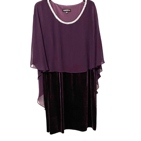 GLAMOUR NIGHTS CAPE MIDI DRESS, WOMENS, 20, WINE, SLEEVELESS, CHIFFON & VELOUR - Picture 1 of 10